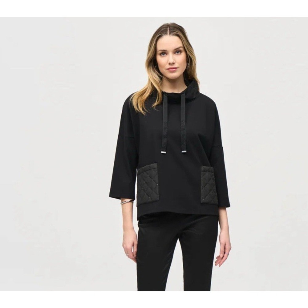 NWT Joseph Ribkoff Black Cowl Collar Boxy Top Size 10 Drawstring Rhinestones
